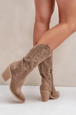 Ażurowe Botki Kowbojki Na Słupku Ciemnobeżowe Salive