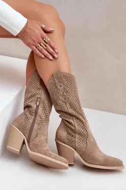 Ażurowe Botki Kowbojki Na Słupku Ciemnobeżowe Salive