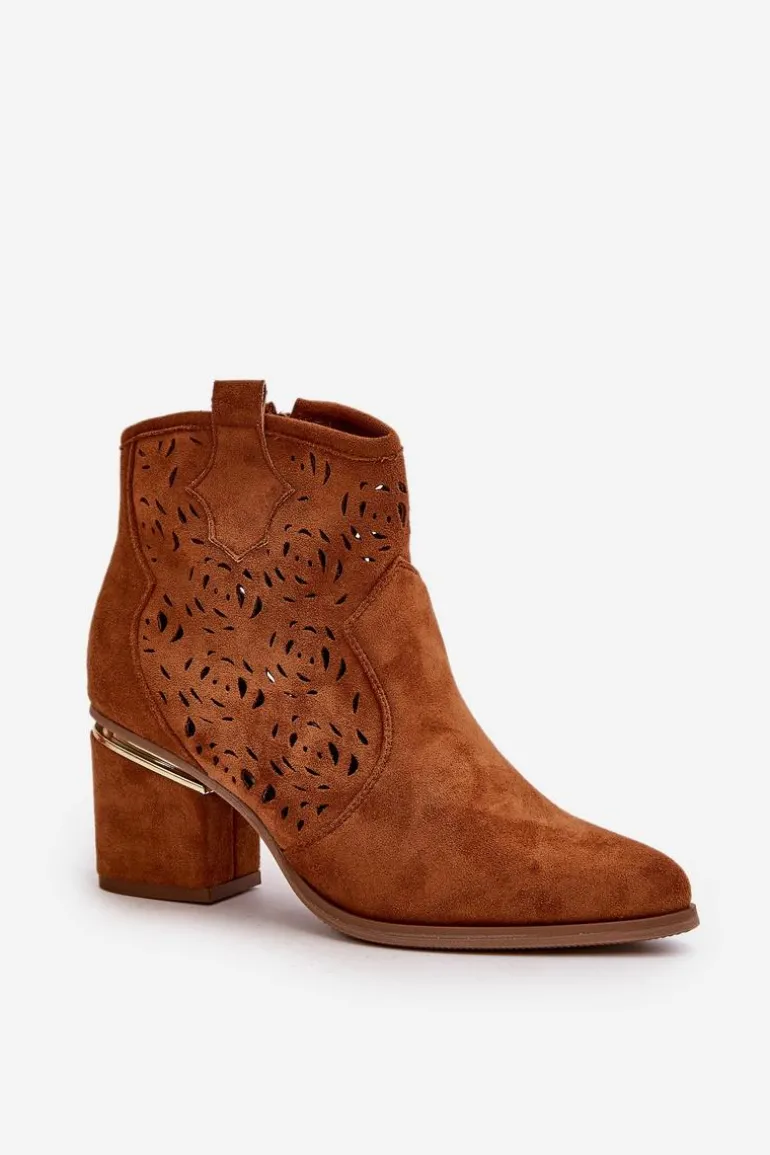 Ażurowe Botki Kowbojki Na Słupku Zapinane Na Zamek Camel Vosilara