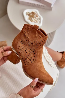 Ażurowe Botki Kowbojki Na Słupku Zapinane Na Zamek Camel Vosilara
