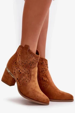 Ażurowe Botki Kowbojki Na Słupku Zapinane Na Zamek Camel Vosilara