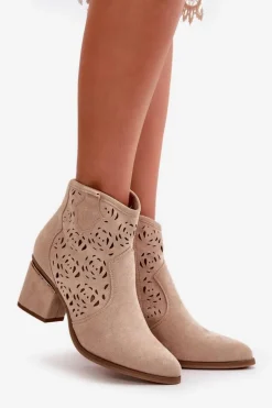 Ażurowe Botki Kowbojki Na Słupku Zapinane Na Zamek Beżowe Vosilara