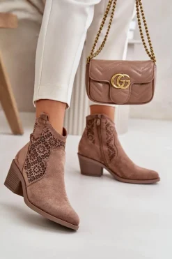 Ażurowe Botki Kowbojki Na Zamek Eko Zamszowe Brązowe S.Barski HY42-944