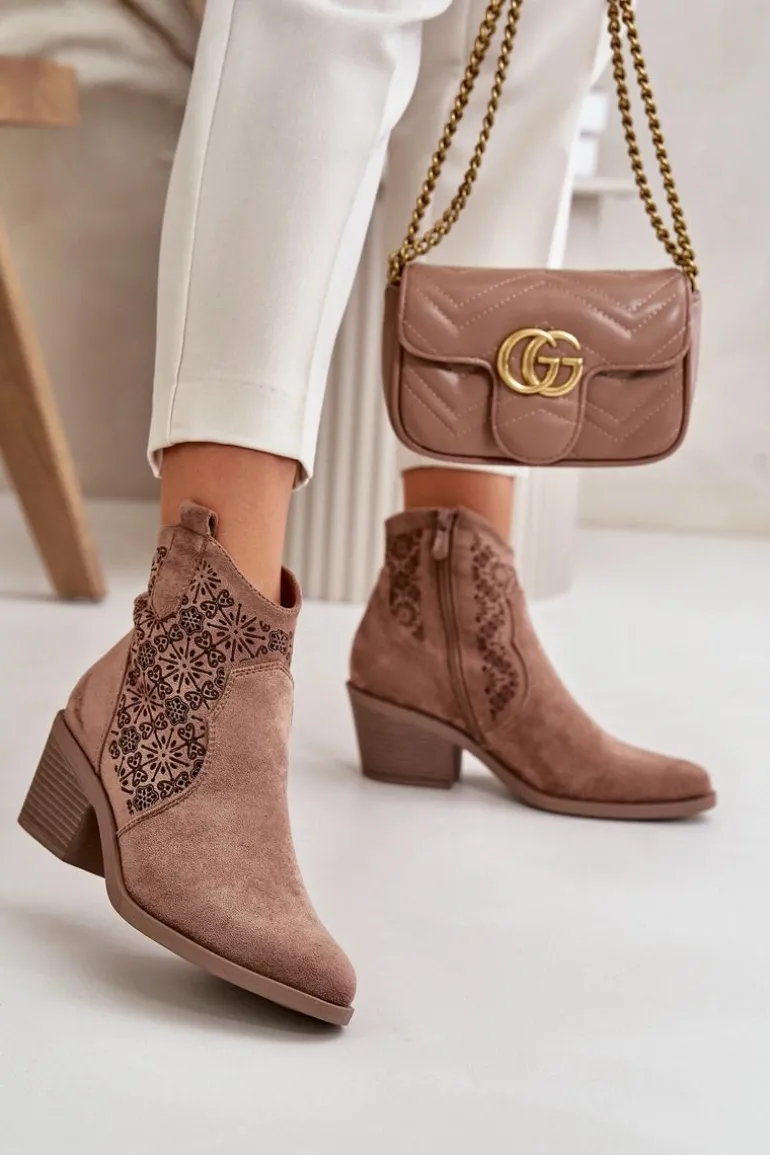 Ażurowe Botki Kowbojki Na Zamek Eko Zamszowe Brązowe S.Barski HY42-944