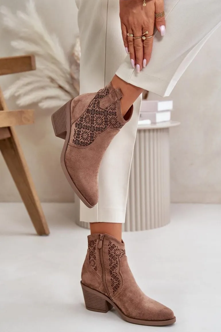 Ażurowe Botki Kowbojki Na Zamek Eko Zamszowe Brązowe S.Barski HY42-944