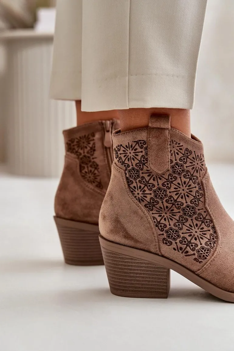 Ażurowe Botki Kowbojki Na Zamek Eko Zamszowe Brązowe S.Barski HY42-944