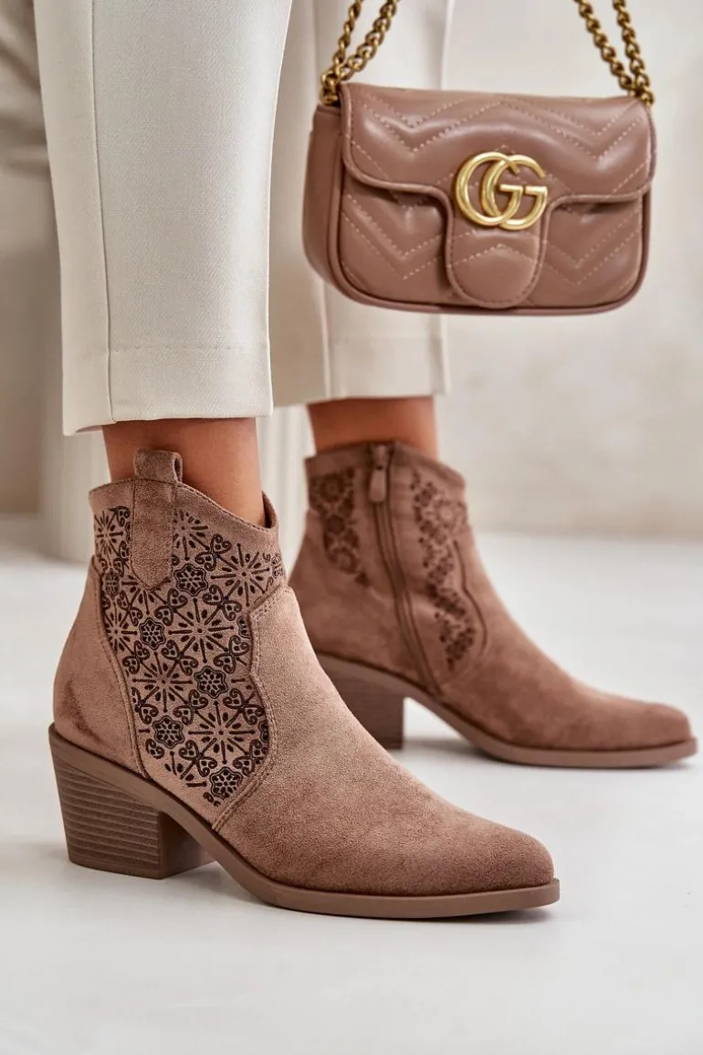 Ażurowe Botki Kowbojki Na Zamek Eko Zamszowe Brązowe S.Barski HY42-944