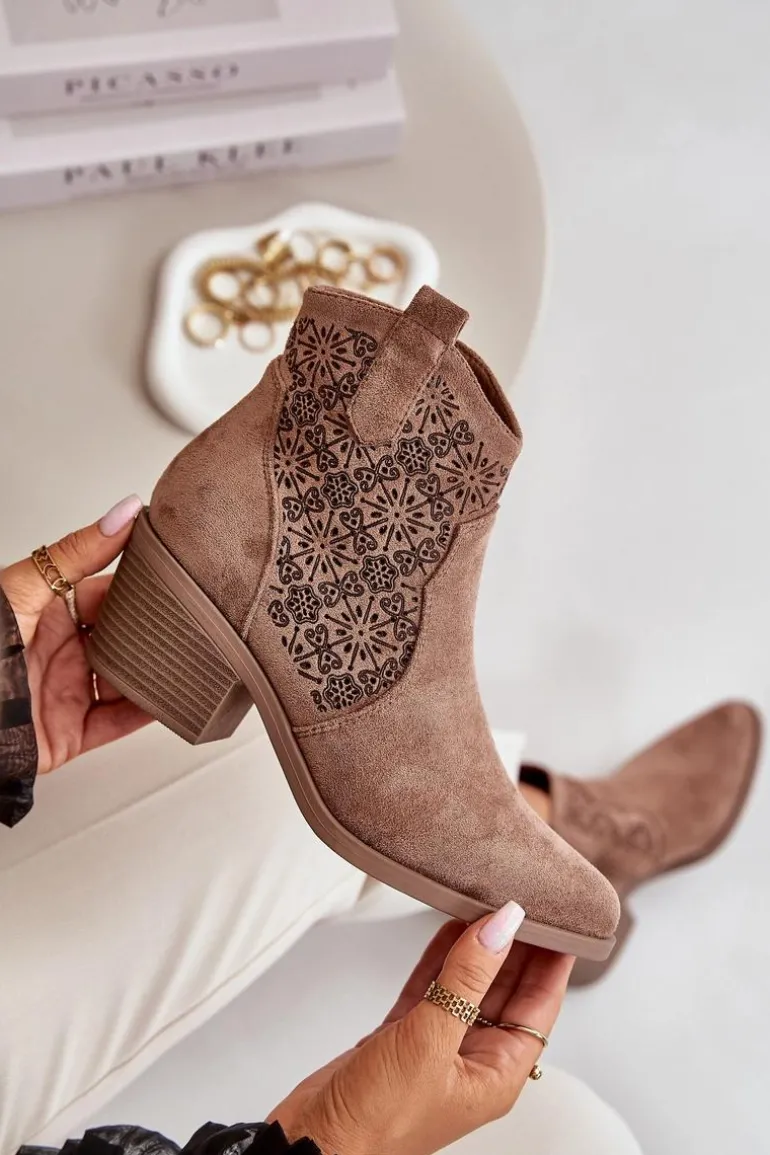 Ażurowe Botki Kowbojki Na Zamek Eko Zamszowe Brązowe S.Barski HY42-944