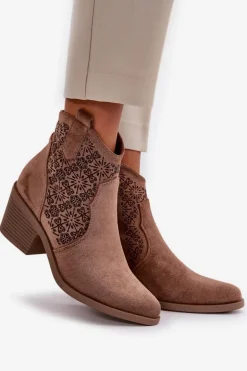 Ażurowe Botki Kowbojki Na Zamek Eko Zamszowe Brązowe S.Barski HY42-944