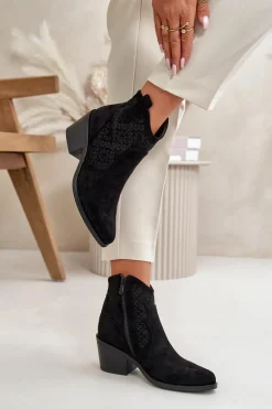 Ażurowe Botki Kowbojki Na Zamek Eko Zamszowe Czarne S.Barski HY42-944