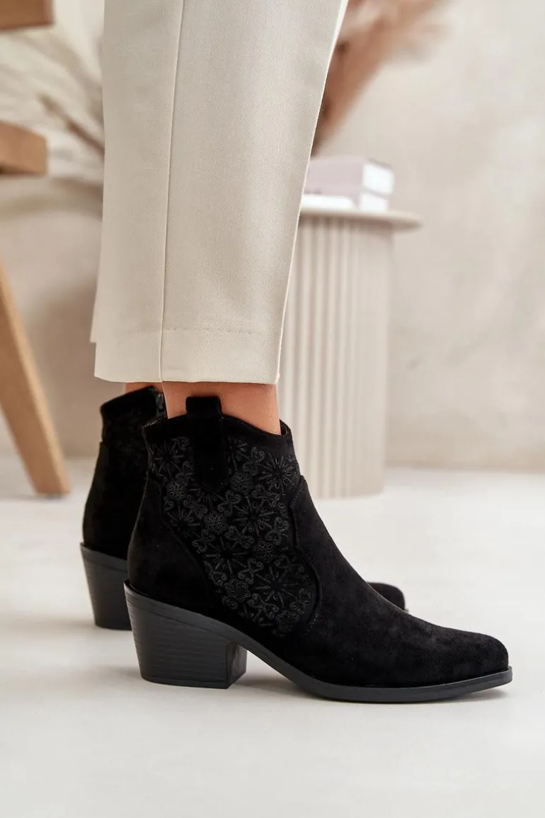 Ażurowe Botki Kowbojki Na Zamek Eko Zamszowe Czarne S.Barski HY42-944