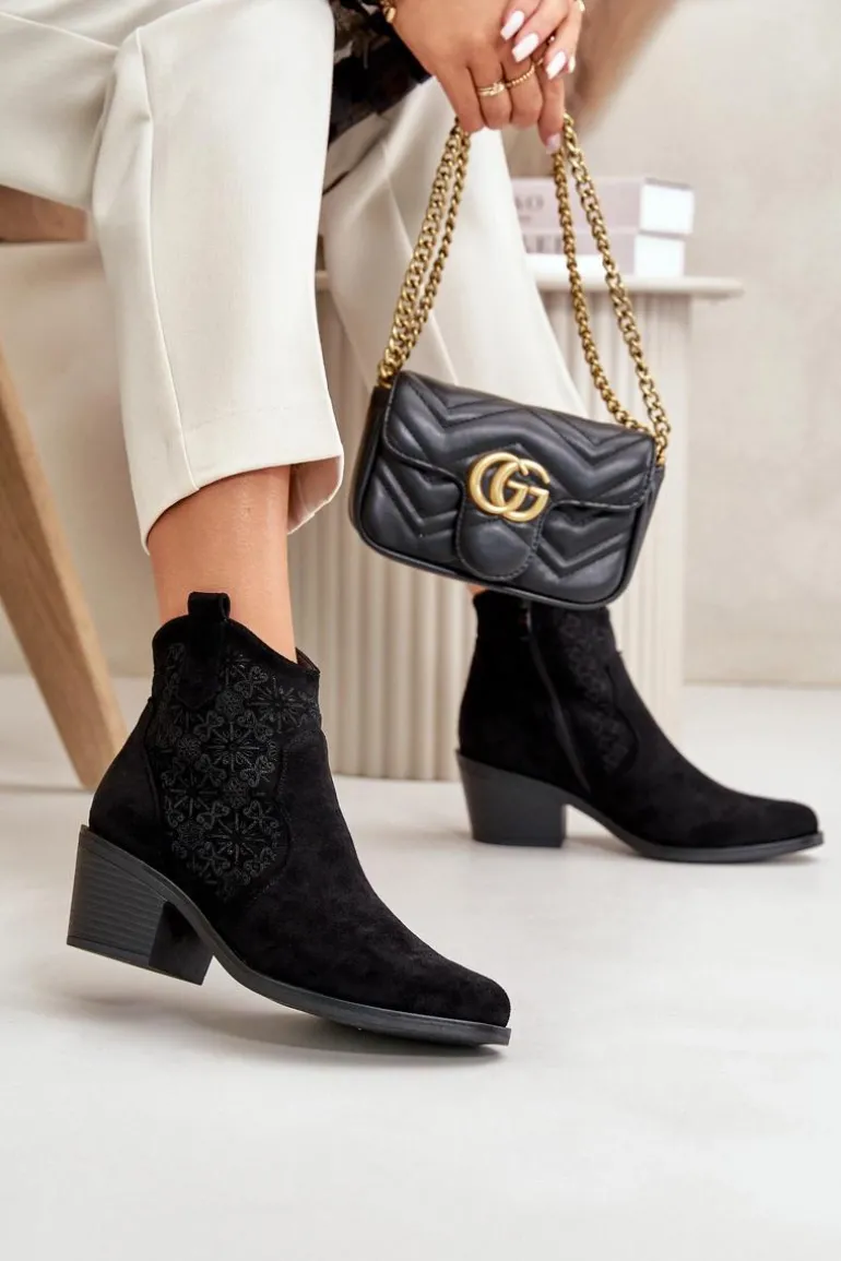 Ażurowe Botki Kowbojki Na Zamek Eko Zamszowe Czarne S.Barski HY42-944