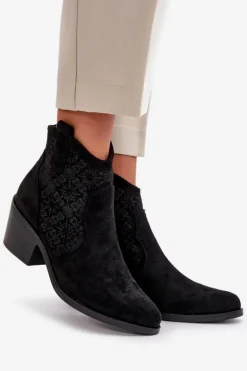 Ażurowe Botki Kowbojki Na Zamek Eko Zamszowe Czarne S.Barski HY42-944