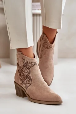 Ażurowe Botki Kowbojki Na Zamek Eko Zamszowe Beżowe S.Barski HY42-944