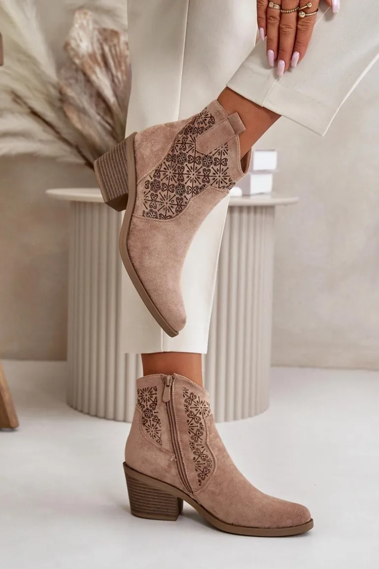 Ażurowe Botki Kowbojki Na Zamek Eko Zamszowe Beżowe S.Barski HY42-944