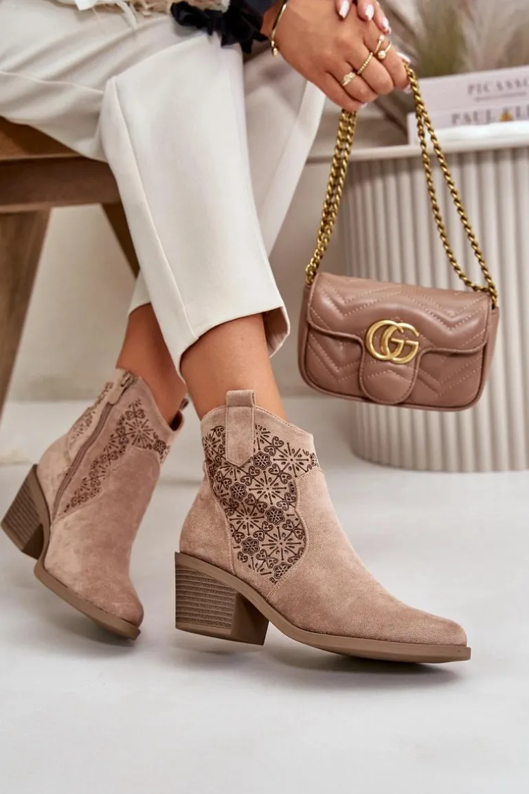 Ażurowe Botki Kowbojki Na Zamek Eko Zamszowe Beżowe S.Barski HY42-944