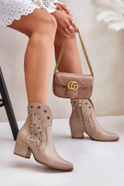 Ażurowe Botki Kowbojki Skórzane Na Słupku Lewski 3613 Beżowe