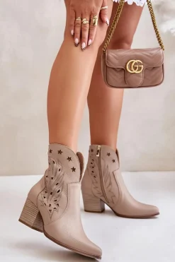 Ażurowe Botki Kowbojki Skórzane Na Słupku Lewski 3613 Beżowe