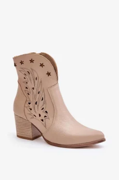 Ażurowe Botki Kowbojki Skórzane Na Słupku Lewski 3613 Beżowe