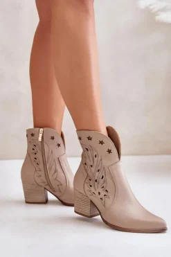 Ażurowe Botki Kowbojki Skórzane Na Słupku Lewski 3613 Beżowe