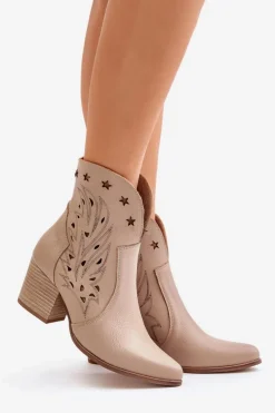Ażurowe Botki Kowbojki Skórzane Na Słupku Lewski 3613 Beżowe