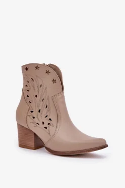 Ażurowe Botki Kowbojki Skórzane Na Słupku Lewski 3613 Ciemnobeżowe