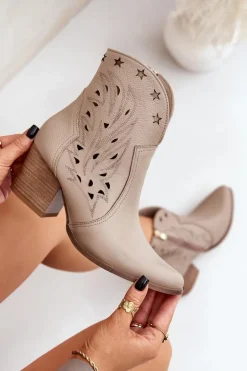 Ażurowe Botki Kowbojki Skórzane Na Słupku Lewski 3613 Ciemnobeżowe