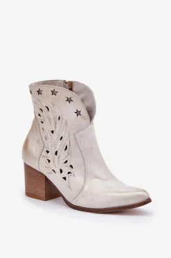 Ażurowe Botki Kowbojki Skórzane Na Słupku Lewski 3613 Złoty Przecierany