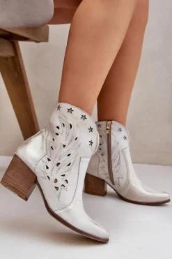 Ażurowe Botki Kowbojki Skórzane Na Słupku Lewski 3613 Złoty Przecierany