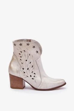 Ażurowe Botki Kowbojki Skórzane Na Słupku Lewski 3613 Złoty Przecierany
