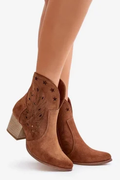 Ażurowe Botki Kowbojki Zamszowe Na Słupku Lewski 3613 Brązowe