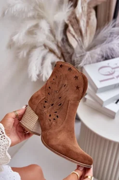 Ażurowe Botki Kowbojki Zamszowe Na Słupku Lewski 3613 Brązowe