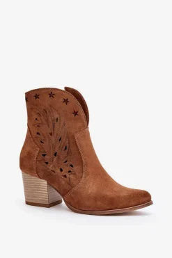 Ażurowe Botki Kowbojki Zamszowe Na Słupku Lewski 3613 Brązowe
