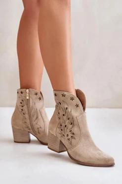 Ażurowe Botki Kowbojki Zamszowe Na Słupku Lewski 3613 Beżowe