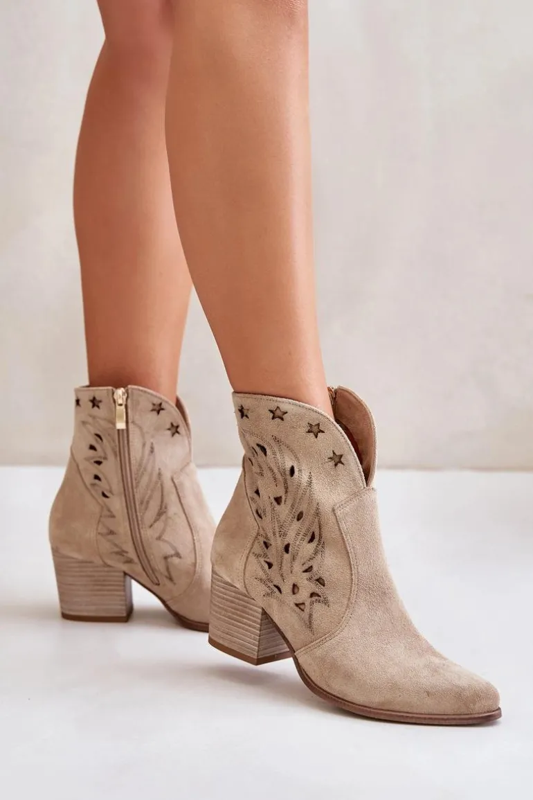 Ażurowe Botki Kowbojki Zamszowe Na Słupku Lewski 3613 Beżowe