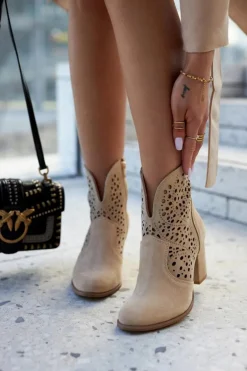 Ażurowe Botki Lewski Shoes 3166 Beżowe