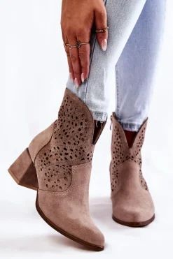 Ażurowe Botki Lewski Shoes 3166 Cappucino