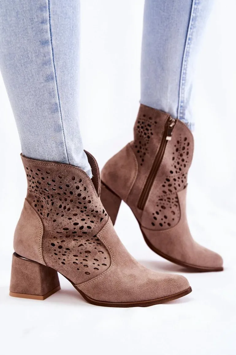 Ażurowe Botki Lewski Shoes 3166 Cappucino