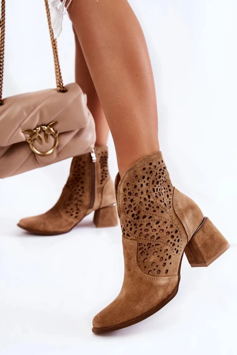 Ażurowe Botki Lewski Shoes 3166 Beżowe