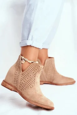 Ażurowe Botki Na Koturnie S.Barski Beżowe