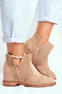 Ażurowe Botki Na Koturnie S.Barski Beżowe