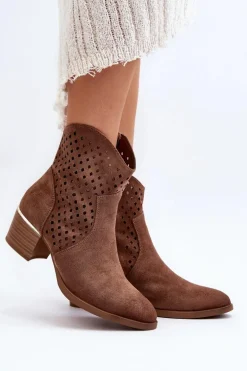Ażurowe Botki Na Niskim Obcasie Brązowe Cilvana