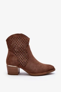 Ażurowe Botki Na Niskim Obcasie Brązowe Cilvana