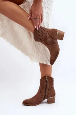 Ażurowe Botki Na Niskim Obcasie Brązowe Cilvana