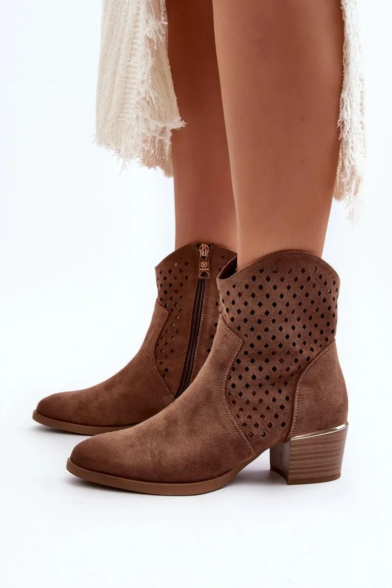 Ażurowe Botki Na Niskim Obcasie Brązowe Cilvana