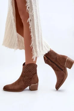 Ażurowe Botki Na Niskim Obcasie Brązowe Cilvana