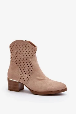 Ażurowe Botki Na Niskim Obcasie Beżowe Cilvana