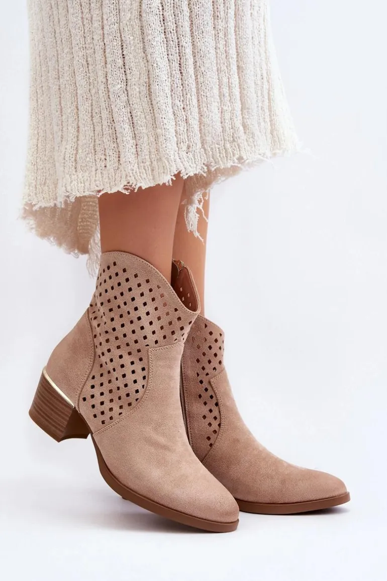 Ażurowe Botki Na Niskim Obcasie Beżowe Cilvana
