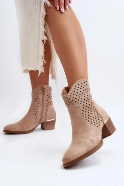 Ażurowe Botki Na Niskim Obcasie Beżowe Cilvana