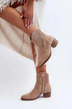 Ażurowe Botki Na Niskim Obcasie Beżowe Cilvana